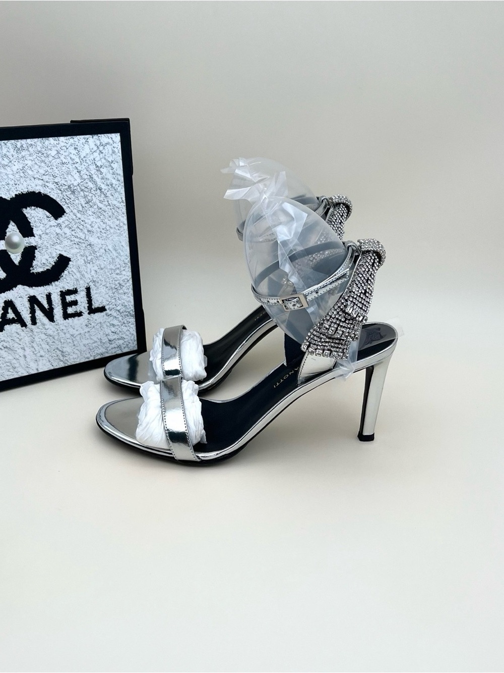 Giuseppe Zanotti Silver Crystal Ankle-Strap Stiletto Sandals